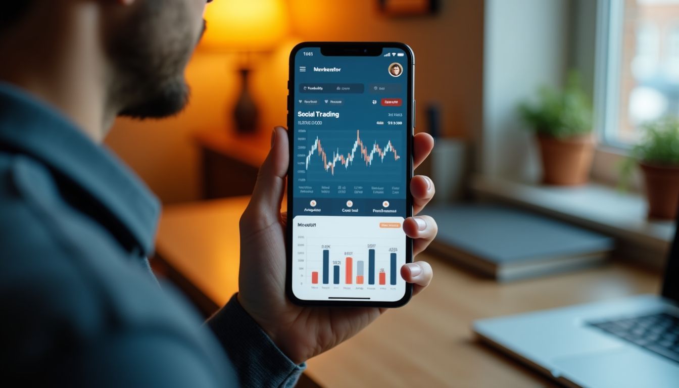 A smartphone displaying a social trading platform in a cozy home office. A smartphone displaying a social trading platform in a cozy home office.
