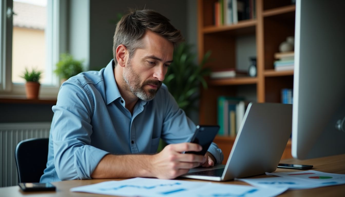 A man in his 40s is researching social trading apps. A man in his 40s is researching social trading apps.