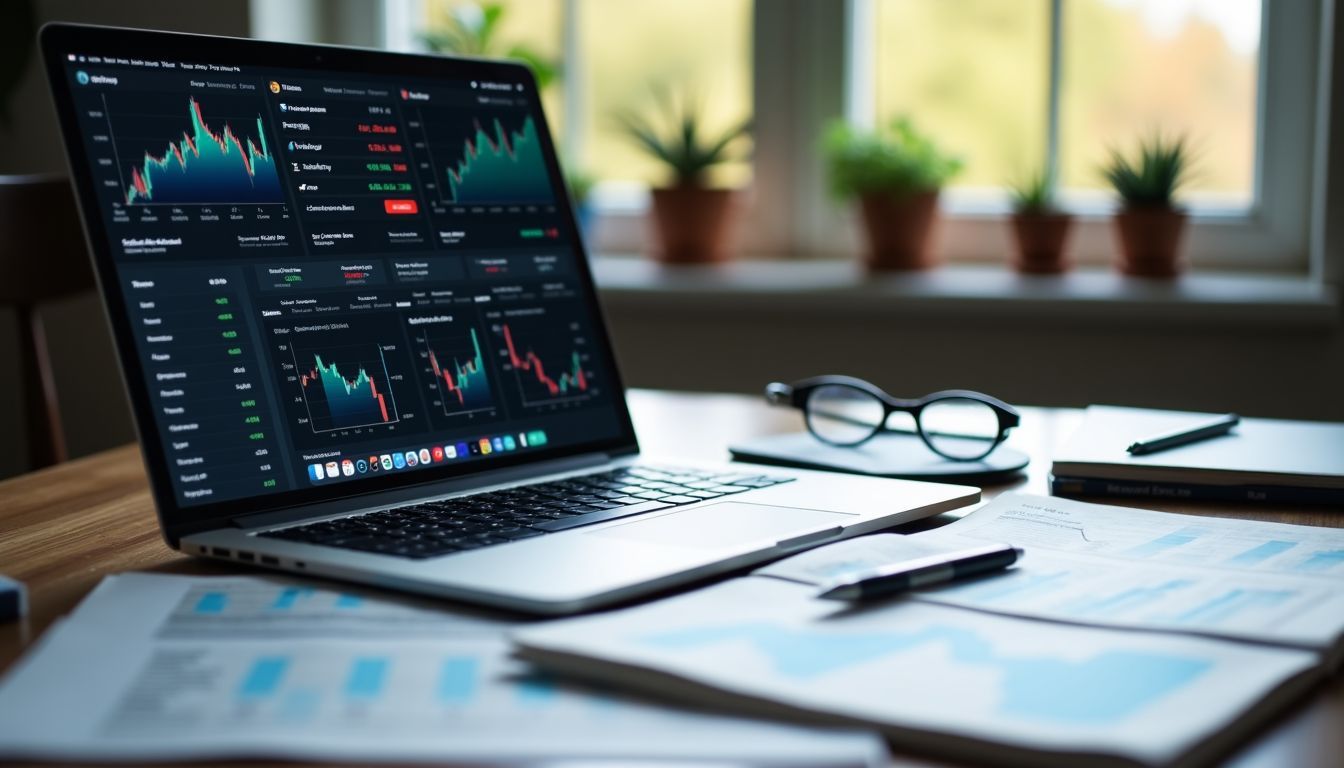 A tidy desk with open laptop showing social trading apps and financial materials.
