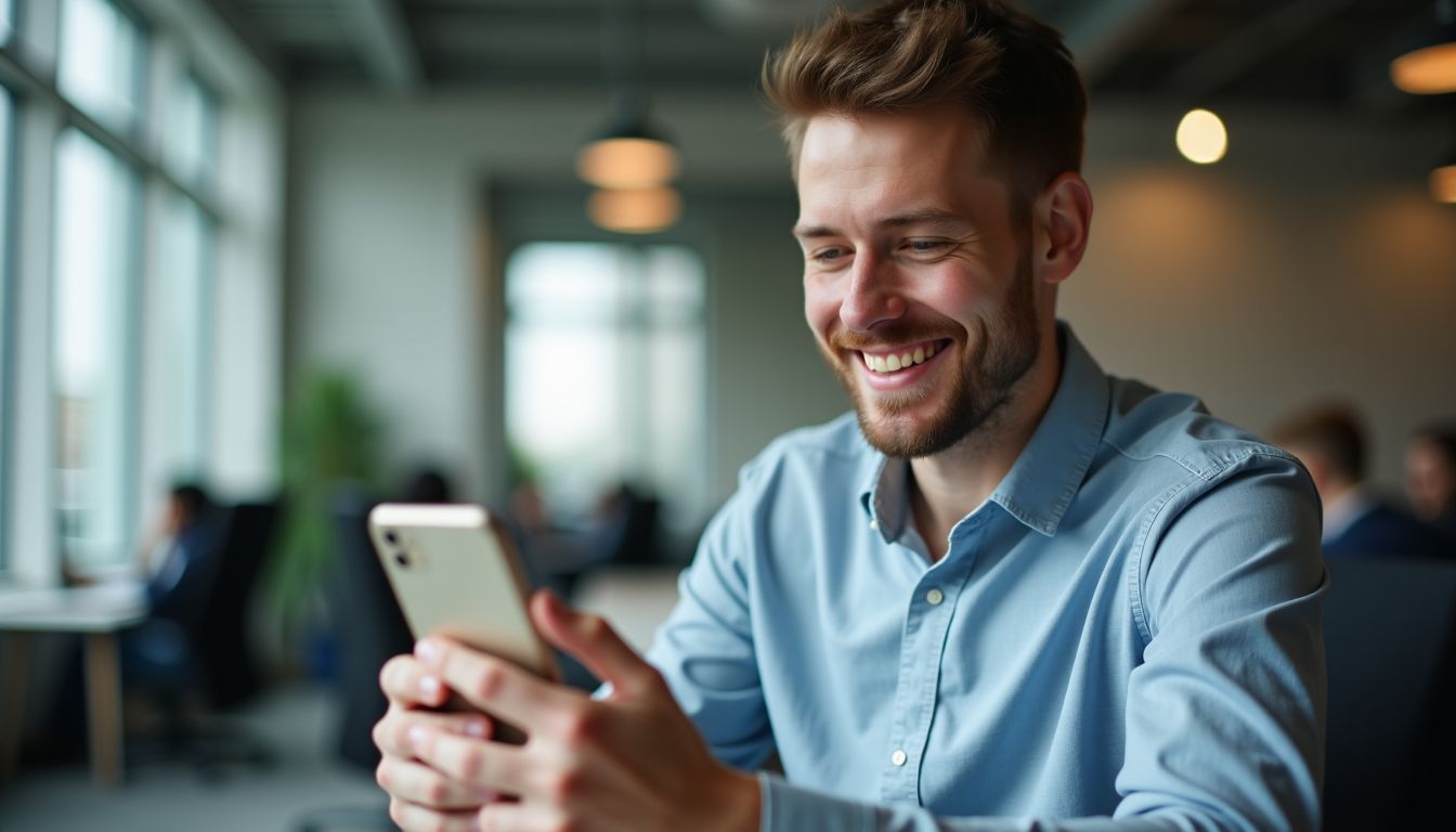 A man in his 30s smiling while using a social trading app. A man in his 30s smiling while using a social trading app.