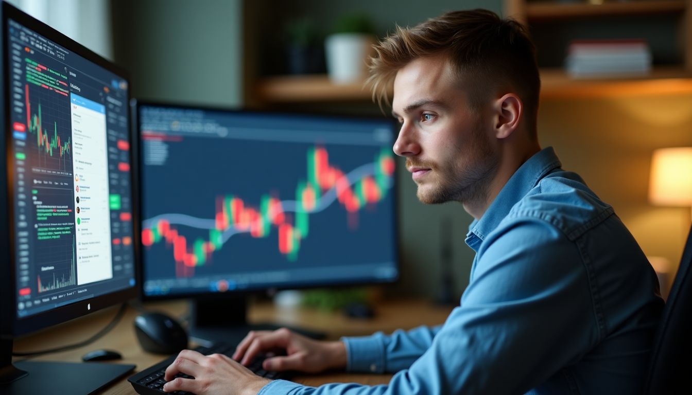 A young male trader actively participating in a chat discussion with other investors in a modern office.